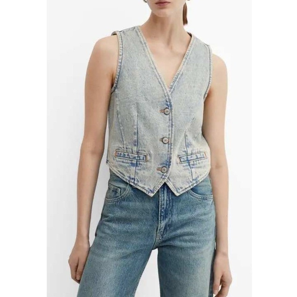 Mango‎ Denim Waistcoat Vest Light Blue Acid Wash Button Front Size XS 67057734
